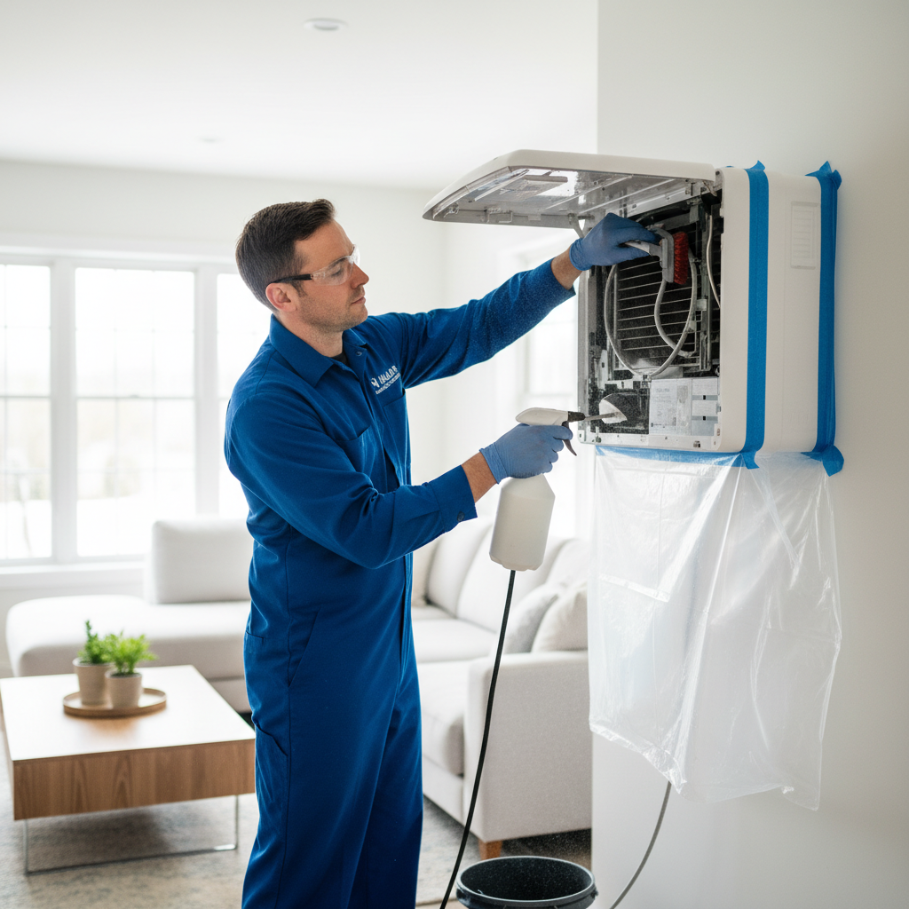 SweepClean technician deep-cleaning a ductless heat pump in a Halifax home